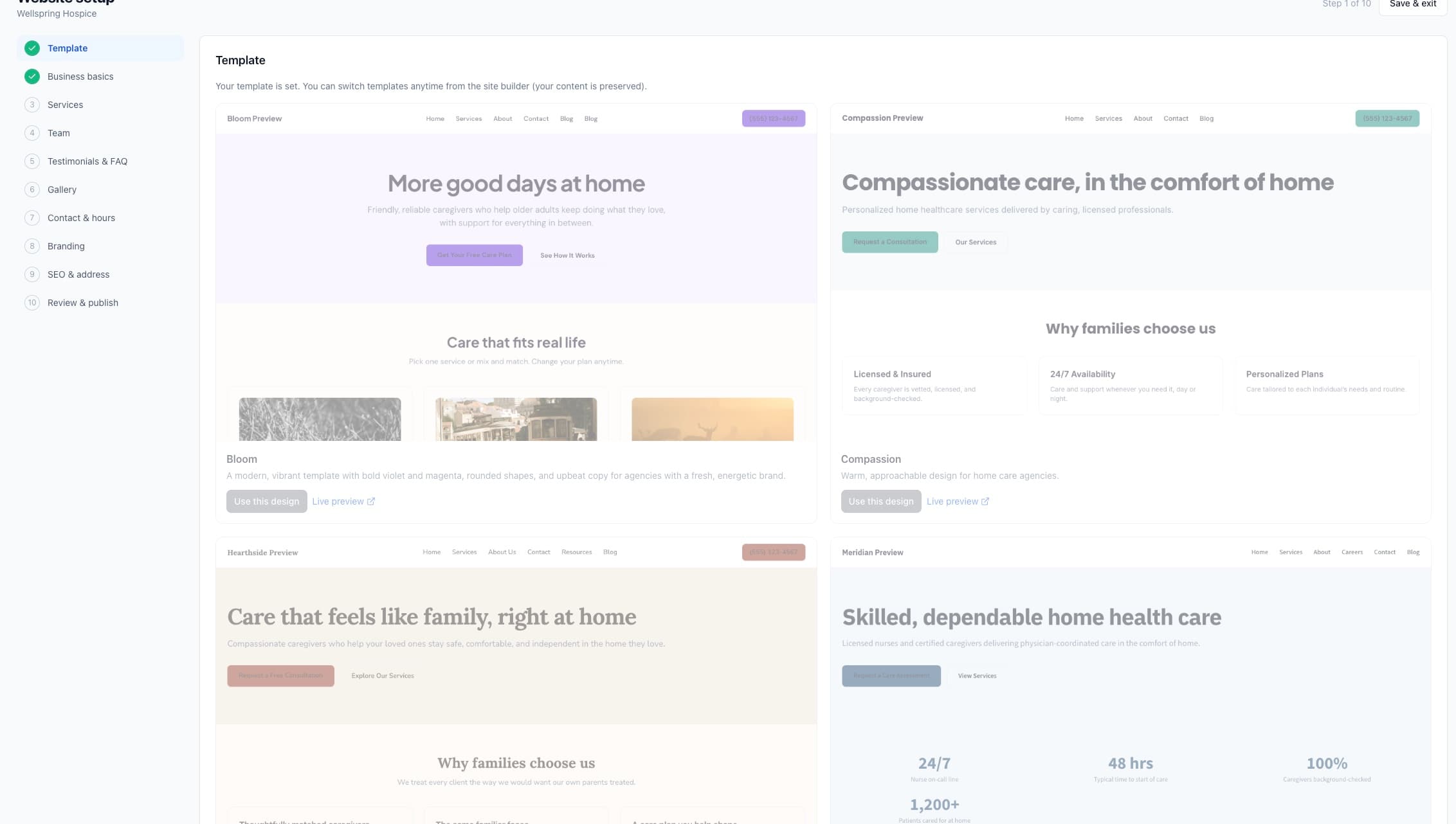 Agency Bloom website builder with a home care layout
